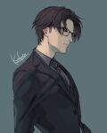  1boy artist_name black_hair black_necktie black_suit formal glasses grey_background makoto_kohuku male_focus necktie original short_hair simple_background suit upper_body 