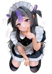  1girl absurdres aegyo_sal apron black_dress black_hair blush ch1ckpyo commentary_request dress earrings finger_to_mouth furrowed_brow goddess_of_victory:_nikke hair_ribbon head_tilt heart heart_in_eye highres jewelry kneeling long_hair looking_at_viewer maid maid_headdress mole mole_under_eye multicolored_hair purple_hair purple_ribbon purple_streaks ribbon simple_background solo streaked_hair sweat symbol_in_eye syuen_(nikke) syuen_(young)_(nikke) triangle_earrings two_side_up white_apron white_background 