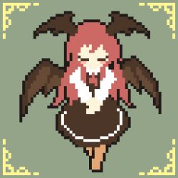  02charaice20 1girl bowing brown_skirt brown_vest closed_eyes collared_shirt commentary demon_wings english_commentary facing_viewer full_body green_background head_wings highres koakuma long_hair necktie pixel_art red_hair red_necktie shirt skirt skirt_set solo touhou very_long_hair vest white_shirt wings 