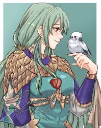  1girl absurdres armor bird bird_on_hand breasts dress eshmel_(pale_raven)_(fire_emblem) fire_emblem fire_emblem:_fortune's_weave gem green_dress green_hair highres jewelry long_hair long_sleeves medium_breasts orchel_(fire_emblem) parted_lips red_eyes red_gem sierra117renner simple_background smile upper_body 