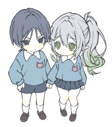  1boy 1girl absurdres aged_down arms_at_sides asymmetrical_sidelocks black_eyes black_shorts black_skirt blue_shirt blue_sleeves blunt_ends brown_shoes child closed_mouth colored_eyelashes colored_tips contrast_collar cross-shaped_pupils frown full_body genshin_impact green_eyes green_hair green_pupils grey_hair hair_between_eyes hand_on_own_hip highres holding_hands kindergarten_uniform korean_text long_hair long_sleeves looking_at_another looking_at_viewer miniskirt multicolored_hair nahida_(genshin_impact) name_tag pigeon-toed pleated_skirt pointy_ears ppako scaramouche_(genshin_impact) shirt shoes shorts side-by-side side_ponytail sidelocks skirt smock socks standing symbol-shaped_pupils tareme translation_request tsurime white_background white_hair white_socks wispy_bangs 