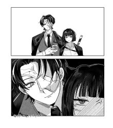 1boy 1girl anger_vein annoyed blunt_bangs coat coat_on_shoulders commentary_request e.g.o_(project_moon) gloves half_mask hand_on_own_chest highres iphone1996pro light_smile limbus_company looking_at_another mask messy_hair monochrome multicolored_hair necktie one_eye_covered ootachi open_collar project_moon renketsuen_(e.g.o) rien_(project_moon) ryoshu_(project_moon) shirt short_hair standing streaked_hair sword sword_on_back vest weapon weapon_on_back 
