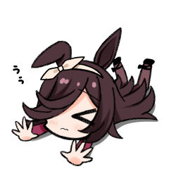  >_< 1girl animal_ears apricotlemontea black_shoes blush brown_hair brown_thighhighs chibi closed_eyes closed_mouth commentary_request full_body hair_over_one_eye hair_ribbon hairband highres horse_ears long_sleeves lying on_stomach one_ear_down ribbon rice_shower_(rosy_dreams)_(umamusume) rice_shower_(umamusume) shadow shoes simple_background solo thigh-highs translation_request umamusume wavy_mouth white_background white_hairband white_ribbon 