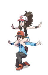  1boy 1girl asatsuki_(fgfff) baseball_cap black_vest blue_eyes blue_jacket brown_eyes brown_hair carrying cutoffs denim denim_shorts exposed_pocket hat high_ponytail highres hilbert_(pokemon) hilda_(pokemon) jacket open_clothes open_vest piggyback poke_ball_print pokemon pokemon_black_and_white ponytail shorts smile vest wristband zipper_pull_tab 