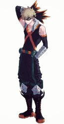  1boy arms_behind_head bakugou_katsuki bare_shoulders black_pants blonde_hair boku_no_hero_academia boots collarbone commentary_request eye_mask full_body himo_(himodayoo) knee_pads male_focus mask pants red_eyes short_hair simple_background solo standing superhero_costume white_background 