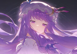  1girl absurdres closed_mouth commentary_request crescent crescent_hat_ornament dress hair_ribbon hat hat_ornament highres korean_commentary long_hair looking_at_viewer mob_cap mongguri patchouli_knowledge pink_dress pink_hat purple_hair purple_ribbon ribbon solo touhou upper_body violet_eyes 
