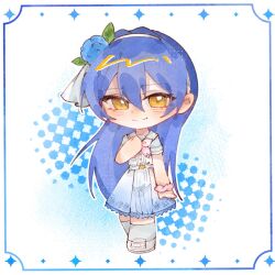  1girl alternate_costume arm_at_side blue_background blue_dress blue_flower blue_hair blush border brown_eyes closed_mouth commentary deformed dress flower full_body hair_between_eyes hair_flower hair_ornament hand_on_own_chest highres inset_border long_hair looking_at_viewer love_live! love_live!_school_idol_project moben shoes short_sleeves sidelocks smile solo sonoda_umi standing two-tone_background two-tone_dress untranslatable_commentary white_background white_dress white_shoes 
