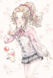  1girl bead_bracelet beads blonde_hair blue_eyes bow bowtie bracelet breasts buttons cardigan collared_shirt commentary_request cowboy_shot creature diagonal-striped_bow diagonal-striped_bowtie diagonal-striped_clothes dissidia_duellum_final_fantasy dissidia_final_fantasy final_fantasy final_fantasy_vi grey_skirt hair_ornament hair_ribbon hairclip jewelry light_blush long_hair medium_breasts moogle official_alternate_costume open_mouth parted_bangs pink_cardigan plaid_clothes plaid_skirt pleated_skirt pointing pointing_up ponytail red_bow red_bowtie red_ribbon ribbon school_uniform shirt simple_background skirt smile standing striped_bow striped_bowtie striped_clothes terra_branford terra_branford_(school_cardigan) white_shirt x_hair_ornament zevevanes 