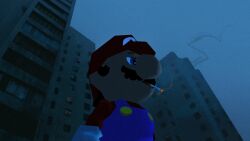  1boy absurdres blue_eyes blue_overalls blue_sky building buttons cigarette facial_hair film_grain gloves hat highres long_sleeves male_focus mario mustache night noubodying outdoors overalls red_hat red_shirt shirt short_hair sideburns sky skyscraper smoke smoke_trail smoking solo super_mario_64 super_mario_bros. very_short_hair white_gloves 