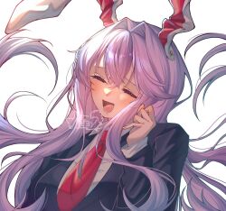  1girl :d animal_ears black_jacket closed_eyes commentary_request floating_hair hand_up highres jacket long_hair long_sleeves necktie open_mouth pink_hair quokgtwbic3924 rabbit_ears rabbit_girl red_necktie reisen_udongein_inaba shirt signature smile solo touhou upper_body white_background white_shirt 