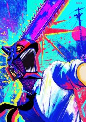  1boy absurdres black_necktie chainsaw chainsaw_man chainsaw_man_(character) collar collared_shirt colorful commentary denji_(chainsaw_man) from_below glowing glowing_eye highres mccheese necktie open_mouth power_lines sharp_teeth shirt sleeve_rolled_up teeth yellow_eyes 
