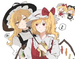  2girls :d animal_collar apron ascot black_hat black_skirt black_vest blonde_hair blush bow braid brown_collar closed_eyes collar collared_shirt commentary_request crystal crystal_wings flandre_scarlet frilled_shirt_collar frills hair_bow hat hat_bow highres holding holding_leash kirisame_marisa leash long_hair long_sleeves mob_cap multicolored_wings multiple_girls musical_note one_side_up open_mouth pointy_ears ramochi red_bow red_eyes red_skirt red_vest shirt side_braid simple_background single_braid skirt skirt_set smile spoken_musical_note spoken_squiggle squiggle sweatdrop touhou vest waist_apron white_apron white_background white_bow white_hat white_shirt wings witch_hat yellow_ascot yellow_eyes yuri 