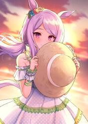  1girl animal_ears blue_flower brown_hat clouds dress earrings flower hat highres holding holding_unworn_clothes holding_unworn_hat horse_ears horse_girl horse_tail iro_718 jewelry long_hair looking_at_viewer mejiro_mcqueen_(fair_lady_of_the_waves)_(umamusume) mejiro_mcqueen_(umamusume) official_alternate_costume orange_sky outdoors purple_hair sky solo tail third-party_source umamusume unworn_hat unworn_headwear violet_eyes white_dress wrist_cuffs 