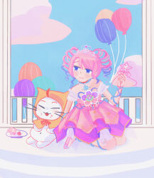  1girl ^_^ ahoge animal arm_ribbon balloon beepop-uwu blue_choker blue_sky bow bowtie brooch cake cake_slice cat choker cloak closed_eyes closed_mouth clothed_animal clouds colored_tips cross-laced_clothes cross-laced_dress crumbs day dot_nose dress drill_hair ear_covers eyelashes flats flower flower_brooch food footwear_bow frilled_dress frills fruit full_body highres holding holding_wand hood hooded_cloak indoors infinity_nikki jewelry kneeling lace-trimmed_choker lace_trim leg_ribbon light_blush looking_to_the_side momo_(nikki) multicolored_hair nikki_(series) off-shoulder_dress off_shoulder open_magazine patting_belly pink_dress pink_flower pink_hair pink_shoes plate pleated_dress purple_bow purple_flower purple_hair purple_ribbon railing red_bow red_bowtie ribbon shoes short_hair short_sleeves sky smile star_(symbol) star_choker star_wand starlit_celebration_(infinity_nikki) strawberry twin_drills two-tone_flower two-tone_hair violet_eyes wand whiskers white_cat white_sleeves white_tiara x_navel yellow_cloak 