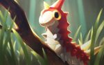  animal_focus blurry branch commentary_request day grass naoki_eguchi no_humans outdoors pokemon pokemon_(creature) solo spikes wurmple 