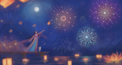  1girl aerial_fireworks animal black_hair blue_skirt bow bowtie brown_eyes cat chinese_clothes chinese_new_year cloak closed_mouth clothed_animal commentary dock dot_nose ear_covers english_commentary fireworks floating floating_clothes flower full_body full_moon hair_flower hair_ornament hair_rings hanfu highres hood hood_up hooded_cloak hyperxlove infinity_nikki lantern leaf long_hair long_sidelocks long_skirt long_sleeves looking_ahead lotus momo_(nikki) moon new_year's_dawn_(infinity_nikki) night nikki_(series) open_mouth orange_flower outdoors outstretched_arm paper_lantern red_flower red_hanfu red_shawl see-through_clothes see-through_sleeves shawl sidelocks skirt smile solid_oval_eyes tree very_long_hair white_cat wide_shot wind yellow_bow yellow_bowtie yellow_cloak 