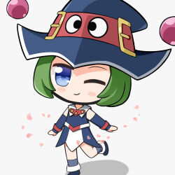  1girl ;) apricotlemontea black_boots blue_dress blue_eyes blue_hat blue_sleeves blush_stickers boots chibi commentary_request detached_sleeves dress green_hair grey_background grey_socks hat kartrider one_eye_closed petals shadow simple_background sleeveless sleeveless_dress smile socks solo standing standing_on_one_leg tiera_(kartrider) witch_hat 