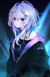  1girl adapted_costume ahoge amane_kanata amane_kanata_(cutesy_punk) bear_hair_ornament black_jacket black_shirt blue_hair blurry blush bra_strap character_hair_ornament colored_inner_hair commentary_request crossed_bangs depth_of_field double-parted_bangs film_grain grey_hair hair_between_eyes hair_ornament hairclip hands_in_pockets highres hololive hood hooded_jacket jacket light_particles medium_hair missing_halo missing_wings multicolored_hair multiple_hairclips official_alternate_costume official_alternate_hairstyle open_clothes open_jacket outdoors pink_streaks raised_eyebrows shirt short_hair_with_long_locks single_bare_shoulder single_hair_intake single_off_shoulder sky snowing solo streaked_hair sui._(suikun) tank_top virtual_youtuber wavy_hair white_tank_top x_hair_ornament 