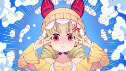  1girl aderi angry blonde_hair blush commentary_request double_v drill_hair hat highres looking_at_viewer magical_girl mahou_shoujo_ikusei_keikaku mahou_shoujo_ikusei_keikaku_jokers pout red_eyes shirt twin_drills umbrain v yellow_hat yellow_shirt 