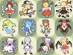  02charaice20 6+girls ^_^ absurdres apron ascot bat_wings beret black_bow black_ribbon blonde_hair blue_bow blue_dress blue_eyes blue_hair blue_skirt blue_vest bottle bow bow_(music) bowing braid broom broom_riding brown_eyes brown_hair brown_hat brown_shoes brown_skirt brown_vest cirno closed_eyes collared_shirt commentary crescent crescent_hat_ornament crystal crystal_wings daiyousei darkness demon_wings detached_sleeves detached_wings dress embodiment_of_scarlet_devil english_commentary erhu facing_viewer fairy fairy_wings fighting_stance flandre_scarlet frilled_bow frilled_hair_tubes frills full_body gohei green_background green_bow green_eyes green_hair green_hat green_skirt green_vest grey_eyes grey_hair hair_bow hair_ribbon hair_tubes hakurei_reimu hat hat_bow hat_ornament hat_ribbon head_wings highres holding holding_bow_(music) holding_gohei holding_polearm holding_tray holding_weapon hong_meiling ice ice_wings izayoi_sakuya kirisame_marisa koakuma long_hair looking_at_viewer maid maid_headdress mob_cap multicolored_wings multiple_girls neck_ribbon necktie one_eye_closed one_side_up open_mouth orb outstretched_arms pants patchouli_knowledge pinafore_dress pixel_art polearm purple_hair red_ascot red_bow red_eyes red_hair red_necktie red_ribbon red_shoes red_skirt red_vest remilia_scarlet ribbon ribbon-trimmed_sleeves ribbon_trim rumia satsuki_rin shirt shoes skirt skirt_set sleeveless sleeveless_dress smile socks spear spear_the_gungnir spread_arms star_(symbol) star_hat_ornament touhou tray twin_braids umbrakinesis very_long_hair vest violet_eyes waist_apron weapon white_apron white_bow white_dress white_hat white_pants white_shirt white_skirt white_socks wide_sleeves wings witch_hat yellow_ascot yellow_background yellow_bow yellow_eyes yin_yang yin_yang_orb 