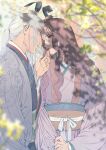  1boy 1girl blurry branch brown_hair bun_cover chinese_clothes clothes_grab couple dappled_sunlight day depth_of_field eye_contact face-to-face finger_to_another&#039;s_mouth grey_hair half_updo hand_up hanfu hetero imminent_kiss juuni_kokuki king_tai_(juuni_kokuki) kyusui_polymer lipstick long_hair long_sleeves looking_at_another looking_away low_ponytail makeup parted_lips pink_robe ponytail risai_(juuni_kokuki) robe sash sidelocks sunlight tree_shade upper_body wide_sleeves 