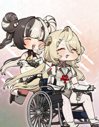  2girls bare_shoulders black_hair blonde_hair blush braid braided_twintails chinese_clothes chroong closed_eyes commentary_request detached_sleeves dialyn_(zenless_zone_zero) dress hair_between_eyes hair_ornament hairclip highres leotard long_hair low-tied_long_hair multicolored_hair multiple_girls necktie on_wheelchair open_mouth panda_hair_ornament phoenix_reffaella pushing_wheelchair qipao sitting split-color_hair thigh-highs wheelchair white_dress white_hair white_leotard white_thighhighs yellow_necktie zenless_zone_zero 