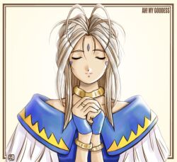  1990s_(style) 1girl aa_megami-sama antenna_hair bad_id bangle belldandy blue_dress bracelet closed_eyes closed_mouth commentary_request copyright_name dress facial_mark forehead_mark grey_hair hana_(hana_mo_arashi_mo) jewelry long_hair off-shoulder_dress off_shoulder retro_artstyle smile solo upper_body yellow_background 