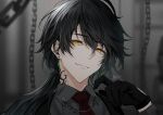  1boy absurdres black_hair chain closed_mouth collared_shirt earrings grey_shirt highres jewelry long_hair looking_at_viewer low_ponytail makura_wet male_focus neck_tattoo necktie original red_necktie shirt side_ponytail smile solo tattoo yellow_eyes 