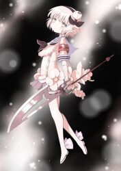  1girl absurdres ajikeneko armband black_hairband bud closed_mouth commentary_request flower flower_ornament grey_skirt hair_flower hair_ornament hairband highres holding holding_polearm holding_weapon magical_girl mahou_shoujo_ikusei_keikaku pink_hair pleated_skirt polearm sailor_collar school_uniform short_hair skirt snow_white_(mahoiku) spear thigh-highs weapon white_flower white_thighhighs yellow_eyes 