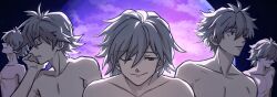  backlighting bazukat_art closed_eyes closed_mouth commentary grey_hair highres male_focus multiple_views nagisa_kaworu neon_genesis_evangelion one_eye_closed purple_sky sky smile solo topless_male untranslatable_commentary 
