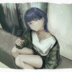  1girl absurdres arrow_(symbol) balcony belt between_fingers black_shorts blue_hair bubble cigarette closed_mouth colored_tips commentary_request earclip earrings feet_out_of_frame frown glasses green_jacket highres holding holding_cigarette jacket jewelry koshimizu_toru koshimizu_toru_(3rd_costume) long_sleeves looking_at_viewer makko_(user_kvud5535) medium_hair mole mole_under_eye multicolored_hair necklace nijisanji open_clothes open_jacket outline pointing_out_the_details rimless_eyewear round_eyewear shirt short_shorts shorts smoke smoke_trail smoking solo squatting unzipped violet_eyes virtual_youtuber white_shirt wolf_cut 