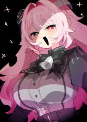  +_- 1girl ama_natsuko bell black_background black_bow black_eyes black_horns black_mouth black_shirt black_skirt blush bow breasts commentary_request cross cross_print femme_soule grey_shirt hair_intakes highres horns inverted_cross inverted_cross_print large_breasts long_hair long_sleeves looking_at_viewer multicolored_hair open_mouth pink_eyes pink_hair pukey_goddess_shot_trick shirt simple_background skirt smile solo streaked_hair 