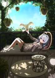  1girl absurdres ahoge animal bird black_skirt brown_jacket commentary_request elaina_(majo_no_tabitabi) food grey_hair hair_between_eyes highres holding holding_food holding_sandwich holding_scroll jacket long_hair long_sleeves looking_at_viewer lying machi1_1 majo_no_tabitabi on_back plate sandwich scroll shade skirt solo violet_eyes white_bird witch 