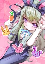  1girl absurdres animal_ears animalization black_pants black_vest blue_ribbon blush carrot center_frills change!_emu_wa_ojou_sama!?_(project_sekai) closed_mouth collared_shirt commentary_request crossed_legs english_commentary fake_animal_ears frilled_sleeves frills from_above green_hair hair_flaps hairband highres kamishiro_rui kusanagi_nene lapels long_hair long_sidelocks long_sleeves looking_at_viewer looking_up low-tied_sidelocks mixed-language_commentary neck_ribbon nene_crusader official_alternate_costume ootori_emu pants pink_background project_sekai rabbit rabbit_ears rabbit_pose ribbon shirt sidelocks sleeves_past_wrists solo tenma_tsukasa twitter_username very_long_hair vest violet_eyes white_shirt zoom_layer 