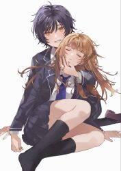  2girls black_hair black_socks blue_jacket blue_necktie brown_hair closed_eyes closed_mouth commentary_request fly_(marguerite) grey_skirt hand_on_another's_cheek hand_on_another's_face highres jacket long_hair long_sleeves mole mole_under_eye multiple_girls necktie no_shoes official_art orange_eyes original pleated_skirt school_uniform shirt short_hair simple_background skirt socks white_background white_shirt yuri 
