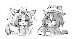  1girl @_@ absurdres alternate_costume animal_costume animal_ears animal_hat flying_sweatdrops greyscale hat highres horse_ears horse_girl horse_tail jiangshi_costume mame_nabe_donko medium_hair meisho_doto_(umamusume) meto_(cat) monochrome multiple_views ofuda ofuda_on_head one_eye_closed outstretched_arms paw_pose simple_background sleeves_past_fingers sleeves_past_wrists tail umamusume white_background wolf_costume zombie_pose 