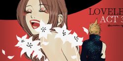  1boy 1girl aerith_gainsborough armor black_sleeves blonde_hair brown_hair closed_eyes cloud_strife derivative_work eyeshadow falling_petals final_fantasy final_fantasy_vii final_fantasy_vii:_advent_children flower hat hetero hu_manbee_ing long_hair looking_at_another makeup meme open_mouth parted_bangs pauldrons petals red_lips short_hair shoulder_armor single_bare_shoulder single_pauldron single_sleeve smile spiky_hair sun_hat twitter_username veil_(manga) veil_scene_14_redraw_(meme) white_flower 