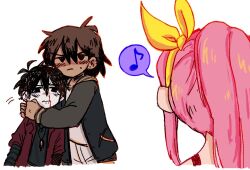  1girl 2boys alternate_costume alternate_hairstyle alternate_universe antenna_hair aubrey_(faraway)_(omori) aubrey_(omori) bad_id bad_twitter_id black_eyes black_hair black_jacket black_shirt blood blood_on_face blush brown_hair commentary dark-skinned_male dark_skin double-parted_bangs ear_piercing emori english_commentary face_piercing hair_between_eyes hairband hug hug_from_side jacket jewelry kel_(faraway)_(omori) kel_(omori) letterman_jacket long_hair long_sidelocks long_sleeves looking_at_another mouth_piercing multiple_boys musical_note necklace nosebleed omori open_clothes open_jacket piercing pink_hair ponytail shirt short_hair sidelocks simple_background something_(omori) speech_bubble spoken_musical_note sunny_(omori) sweatdrop white_background yellow_hairband yuilu_(yuiluqqq) 