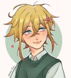  1boy basil_(faraway)_(omori) basil_(omori) blonde_hair blue_eyes collared_shirt double-parted_bangs flower freckles green_sweater_vest hair_between_eyes hair_flower hair_ornament heart male_focus mel_(melmellie) omori shirt short_hair sidelocks solo sweater_vest white_shirt 