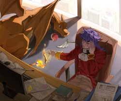  1boy beard charizard coat dark_skin desk dragon facial_hair fire flame-tipped_tail happy_u2r indoors leon_(pokemon) long_hair on_desk poke_ball pokemon pokemon_(creature) pokemon_sword_and_shield purple_hair red_coat tail 