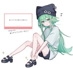  1girl :3 alternate_costume animal_ear_headwear bare_legs beanie black_hat black_sandals black_shorts blush breasts bright_pupils closed_mouth double-parted_bangs eighth_note fan_request full_body green_eyes green_hair hair_between_eyes hair_flaps half-closed_eyes hand_on_own_leg hat hat_ornament jellyfish_cut jitome knee_up long_hair long_sidelocks looking_ahead marshmallow_(site) musical_note namin_(namin_star) nanase_(namin) original oversized_clothes oversized_shirt platform_sandals request_inset sandals shirt short_shorts short_sleeves shorts sidelocks simple_background sitting slim_legs small_breasts smug solo sparkle star-shaped_pupils star_(symbol) star_hat_ornament symbol-shaped_pupils t-shirt translation_request twitter_username very_long_hair white_background white_pupils white_shirt 
