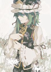  1girl absurdres asymmetrical_hair black_skirt blue_eyes blue_hat blue_vest commentary_request epaulettes flower frilled_hat frilled_sleeves frills green_hair hat highres long_sleeves open_mouth ribbon-trimmed_sleeves ribbon_trim rod_of_remorse shiki_eiki shirt skirt smile solo spider_lily touhou vest white_shirt wide_sleeves zhihuaiqiang 