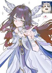 1girl ahoge bare_shoulders black_hair blush closed_mouth columbina_(genshin_impact) commentary_request dress eye_mask fingernails genshin_impact head_wings heart highres long_hair looking_at_viewer lunifish mask multicolored_hair neck_ribbon photo-referenced pointing pointing_at_viewer red_hair reference_inset ribbon simple_background solo two-tone_hair upper_body violet_eyes white_background white_dress white_ribbon wings 