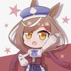  1girl :d animal_ears apricotlemontea arm_up blue_bow blue_hat blue_skirt bow brown_background brown_eyes brown_hair collared_shirt commentary_request detached_sleeves dress_shirt ears_through_headwear finger_counting grey_background hair_ornament hairclip hat highres horse_ears long_sleeves matikanetannhauser_(clippety-tippety-clop)_(umamusume) matikanetannhauser_(umamusume) multicolored_hair newsboy_cap puffy_long_sleeves puffy_sleeves shirt skirt sleeveless sleeveless_shirt smile solo star_(symbol) streaked_hair two-tone_background umamusume w white_hair white_shirt white_sleeves 