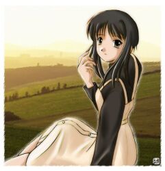  1990s_(style) 1girl bad_id black_eyes black_hair black_shirt border closed_mouth colored_skin commentary_request dress expressionless feet_out_of_frame field hana_(hana_mo_arashi_mo) hill long_sleeves looking_at_viewer memories_off_2nd minami_tsubame pinafore_dress retro_artstyle shirt short_hair_with_long_locks sitting sleeveless sleeveless_dress solo white_border white_dress yellow_skin 