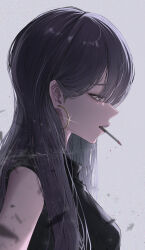  1girl absurdres black_eyes black_hair black_shirt breasts chill4ut cigarette commentary_request earrings eyes_visible_through_hair from_side glint gold_earrings highres hoop_earrings jewelry long_hair medium_breasts mouth_hold original profile purple_lips shirt sleeveless sleeveless_shirt smoke smoke_trail smoking solo turtleneck turtleneck_shirt upper_body 