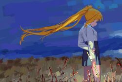  1girl absurdres ahoge black_skirt blonde_hair blue_sky bocchi_the_rock! closed_eyes commentary drumsticks feet_out_of_frame field floating_hair from_behind high-waist_skirt high_collar highres holding holding_drumsticks ijichi_nijika long_hair long_sleeves outdoors pilot_webber profile shirt shirt_tucked_in side_ponytail sidelocks skirt sky solo standing white_shirt 