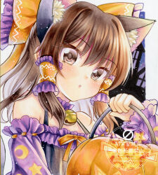  1girl animal_ear_fluff animal_ears bell blush bow brown_eyes brown_hair cat_ears cat_girl commentary_request crescent_print hair_bow hakurei_reimu halloween halloween_bucket halloween_costume highres jack-o'-lantern long_hair looking_at_viewer neck_bell nekofish666 open_mouth orange_bow solo star_(symbol) star_print touhou traditional_media twitter_username upper_body watermark 
