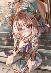  1girl absurdres ahoge aqua_streaks autumn autumn_leaves bag beret blonde_hair blurry blurry_foreground blush braid brown_coat coat commentary dress english_commentary enna_alouette enna_alouette_(fall_casual) falling_leaves finger_to_mouth glasses green_dress handbag hat head_wings highres leaf lichael looking_at_viewer low_twin_braids multicolored_hair nijisanji nijisanji_en on_stairs plaid_clothes plaid_dress sitting smile solo streaked_hair twin_braids violet_eyes virtual_youtuber wings 