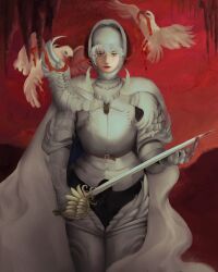  armor berserk bird blue_eyes cape closed_mouth commentary english_commentary griffith_(berserk) highres holding holding_sword holding_weapon long_hair sword weapon white_bird white_cape white_hair xobripxo 